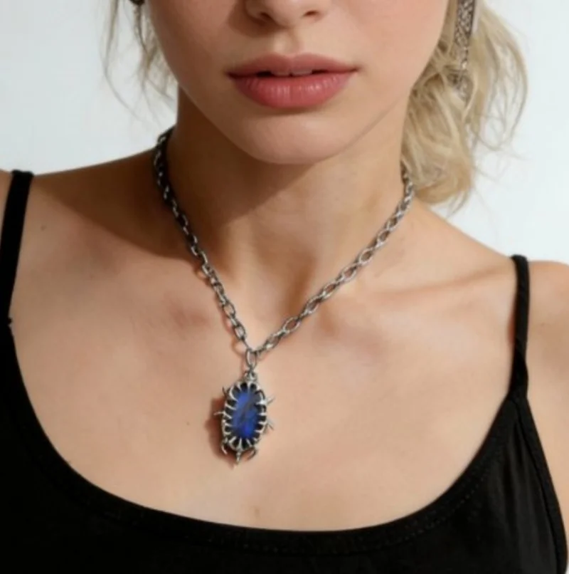 Soldered Crisscross Thorns Claw Brutalist Y2k Jewelry Semi-precious Stone Labradorite Metal Stainless Steel Necklace
