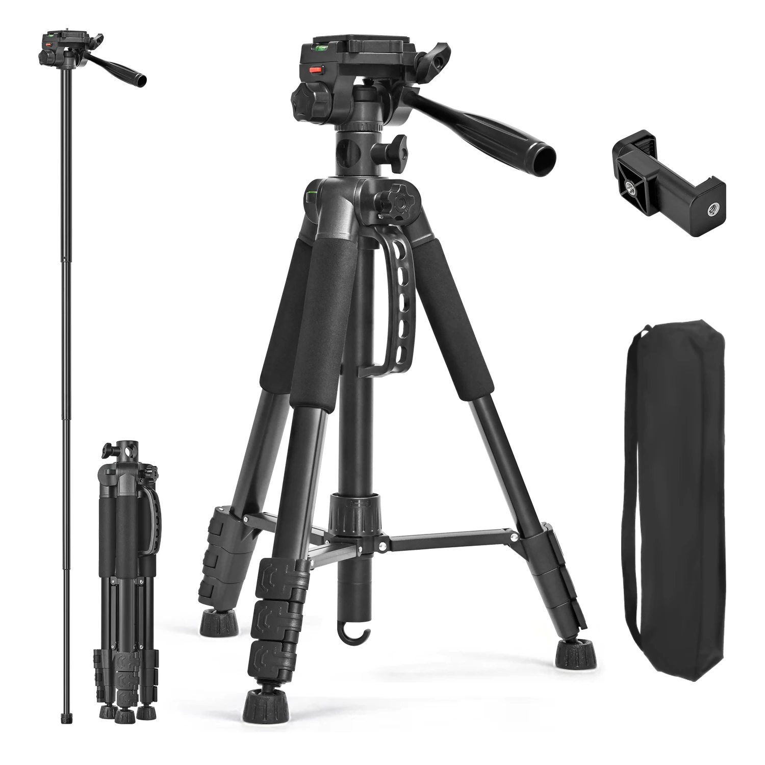 

63''/160cm Video Tripod Monopod, 3 Way Pan Tilt Head, Overhead Camera Mount, Horizontal Central Axis, Phone Holder Compatible wi