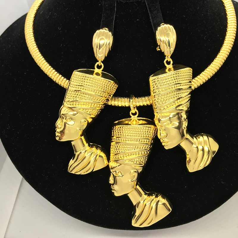 

Necklace Italian Gold Plated Nigerian Jewelry Set Big Pharaoh Pendant Drop Earrings Charming Choker Party Wedding Jewellery