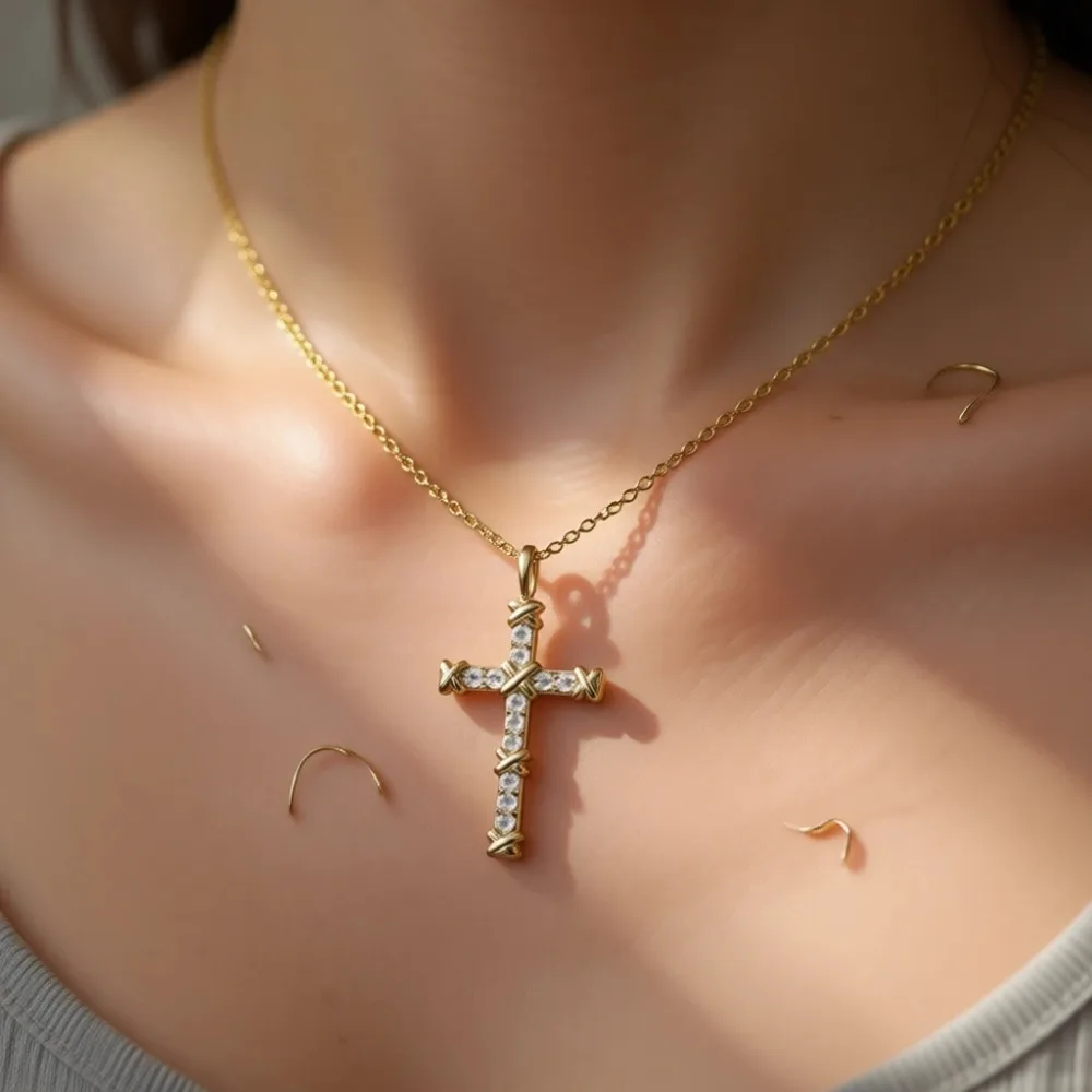 

Золотое колье с крестом 14K для женщин, подвеска-распятие с фианитами, религиозное украшение, подарок