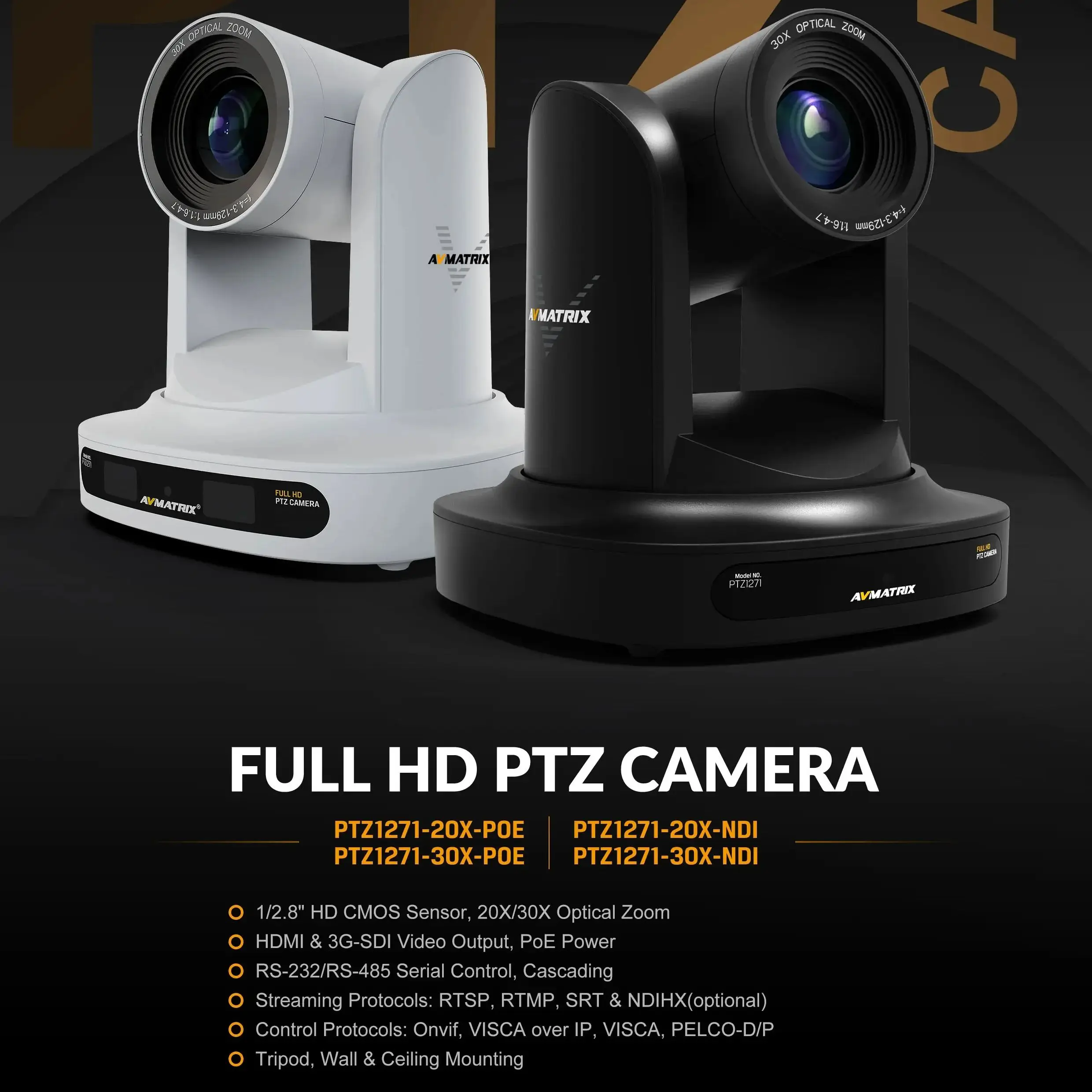 AVMATRIX PTZ1271 PTZ Camera with SDI HDMI NDI 1080P 60Fps RS232 RS485 OBS vMix IP Livestreaming for Church Broadcast