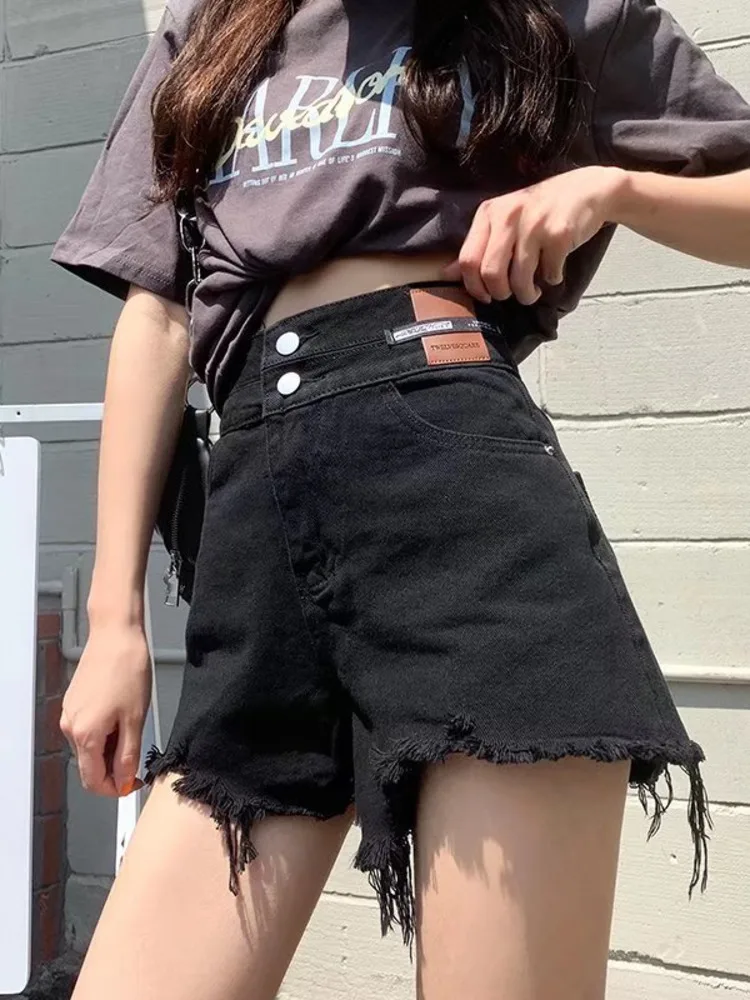 Feynzz Ultra-high Waist Denim Shorts Women\'s Summer 2022 New Black Loose And Thin Net Red A-line Wide-leg Hot Pants Korea