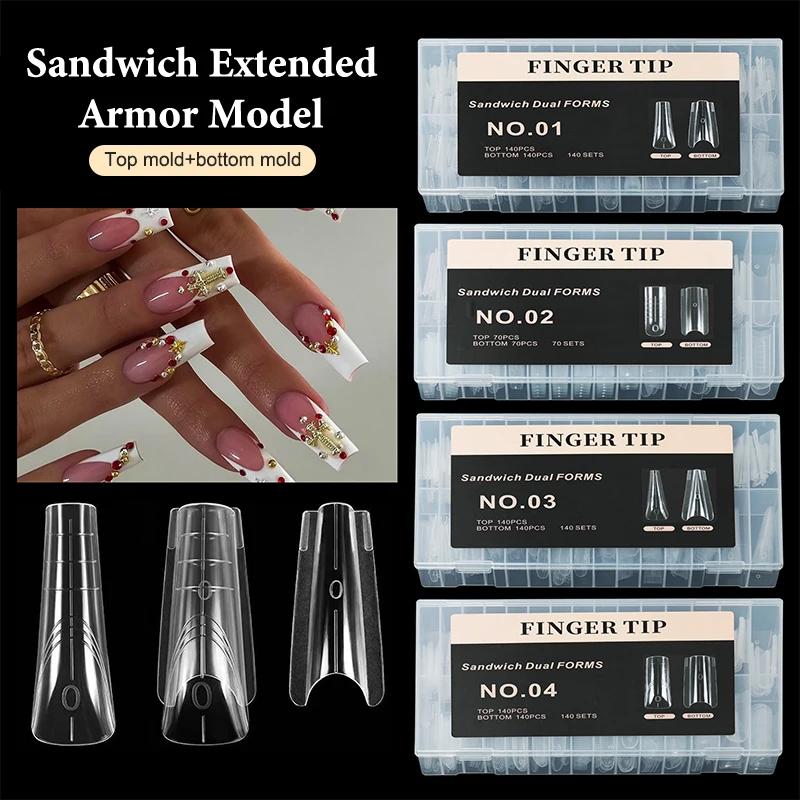 280 stks Sandwich Dual Forms Nail Extension Bovenste Mold Doodskist Amandel Acryl Top Bottom Mallen 14 Maten Nail Formulieren