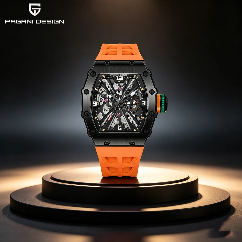 42mm Skeleton PAGANI DESIGN PD-1738 Mechanical Watch Japan VH65 Core Sapphire Glass Orange Rubber Strap Sport Men Watch