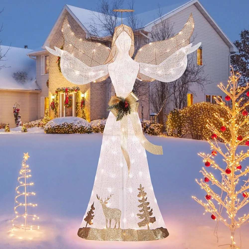 5 FT Lighted Christmas Angel, Outdoor Pre-lit 3D Glittered Angel with 100 Warm White Lights, Halo, Bow, Ground Stakes