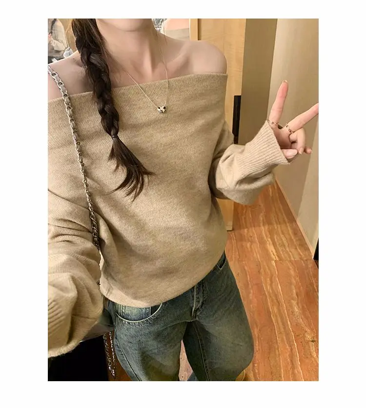 Off Shoulder Tops Long Sleeve Off-the-Shoulder Sweater  Women Pullovers Spring Autumn Trendy Cozy Knit Tops Plain Jumper
