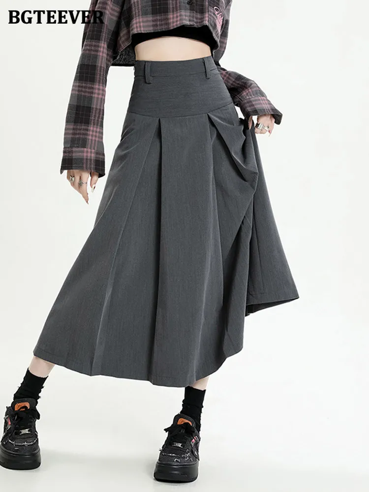 

BGTEEVER Elegant High Waist Loose Midi Pleated Skirts for Women Spring Summer Solid Gray A-line Skirts Female