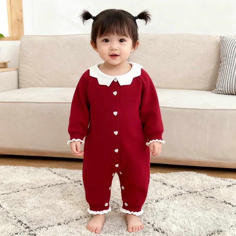 

New Spring Winter 0-24M Toddler Knit Baby Girl Long Sleeved Romper Christmas Infant Baby Girls Knit Jumpsuit Children Clothing