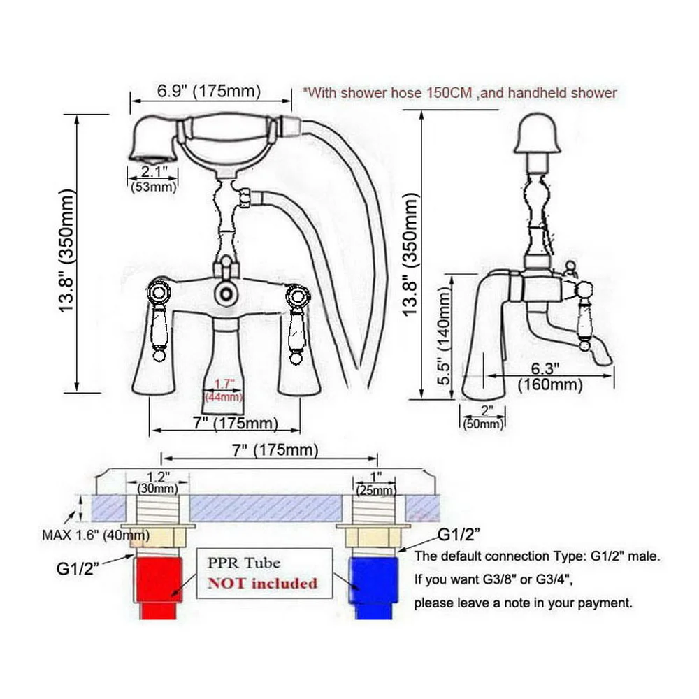 Deck Mounted Polished Silver Chrome Brass Bathroom Tub Faucet Set with 150CM Handheld Shower Spray Head Bath Mixer Tap 2tf764