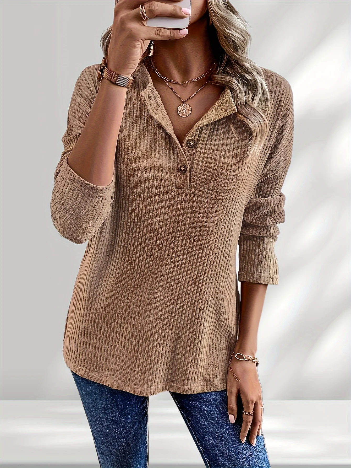 Half Button Waffle Knit Tee Plus Size Temperament personality fashion loose temperament