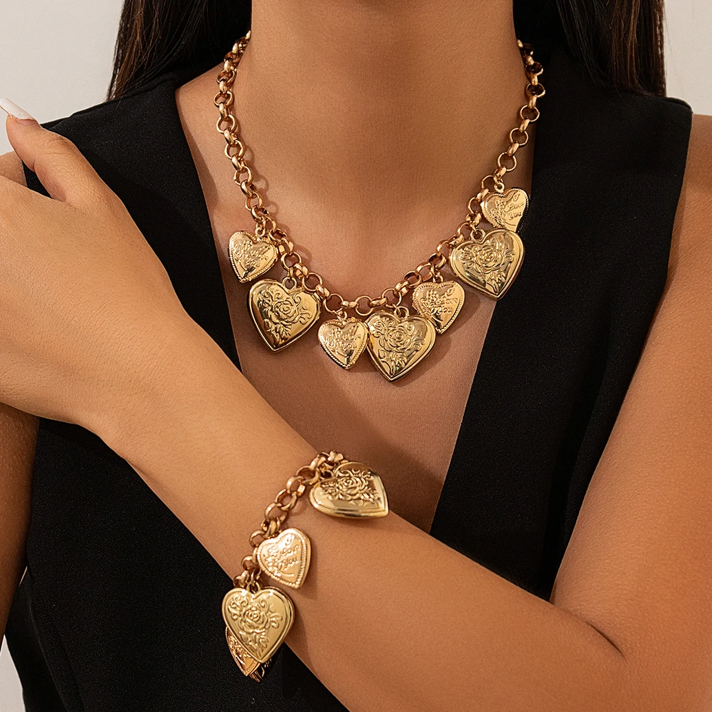 

Lacteo Vintage Metal Chain Necklace Heart Pendant Charm Bracelet for Women Chunky Thick Jewelry Accessories Steampunk Gift New
