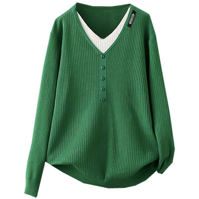 가을과 겨울 플러스 사이즈 100.00kg V-neck 스웨터 여성 니트 가짜 두 조각 상단 느슨한 긴 소매 연령-밑바닥 셔츠 내복 감소