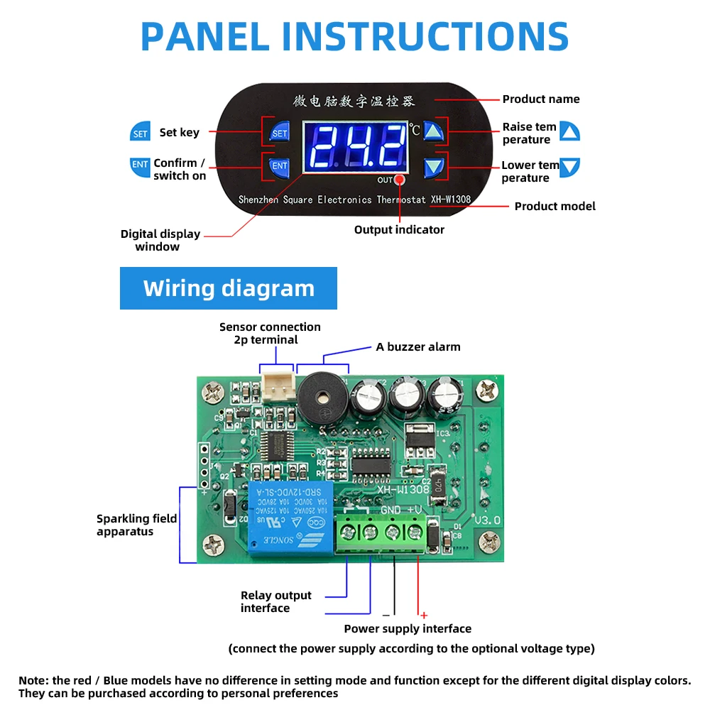 W1308 Digital Thermostat DC 12V AC 110V 220V 10A Temperature Controller Heating Cooling Control Switch NTC Sensor Probe