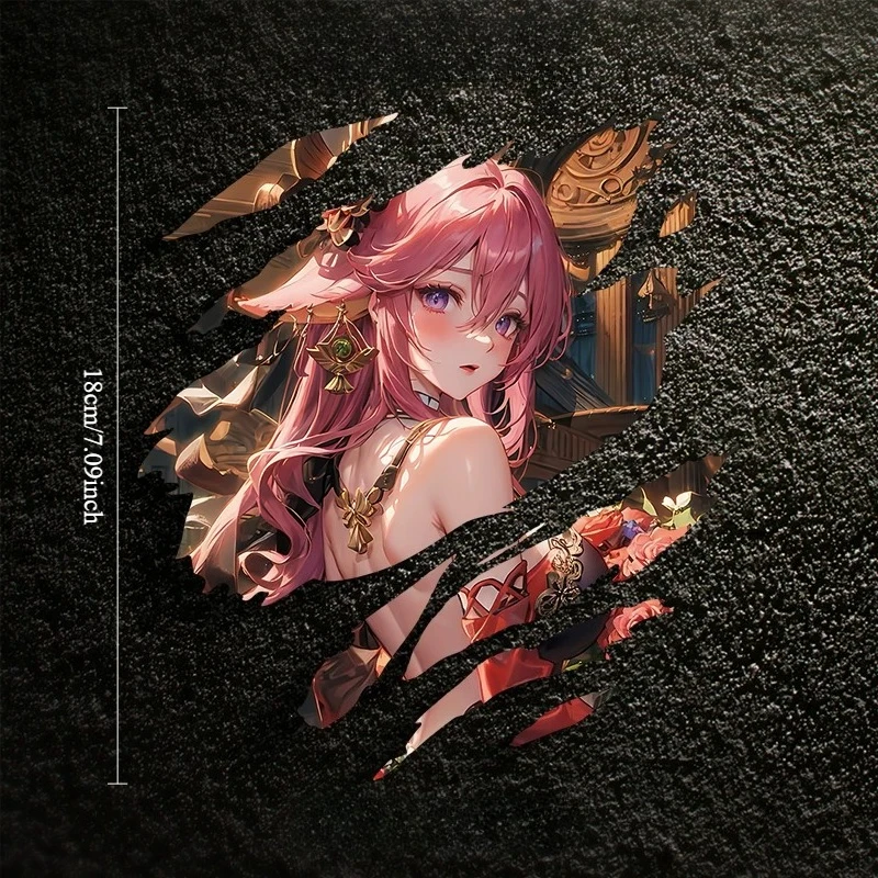 Genshin Impact Yae Miko Torn Sticker, Anime Waifu Vinyl Decal, Waterproof Self-adhesive Car & Motorcycle Window Itasha Decor