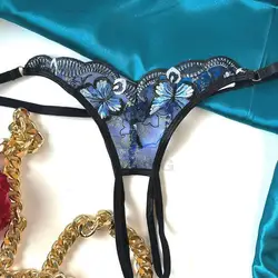 Personality String Custom Name Thong Exquisite Embroidery Blue Butterfly Sexy G-string Bikini With Crystal Letter Women Hotwife