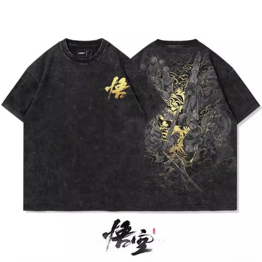 

Hot Game Black Myth WuKong Oversized T Shirt Men's Vintage Wash Short Sleeve Hip Hop Tee Shirt Homme Y2K Clothes