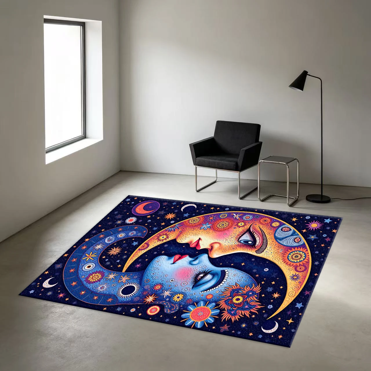 Bohemian Style Celestial Moon Face Stars Floral Mysterious Art Carpet Non-Slip Printed Carpet Suitable for Bedroom Meditation Room Home Floor Decoration