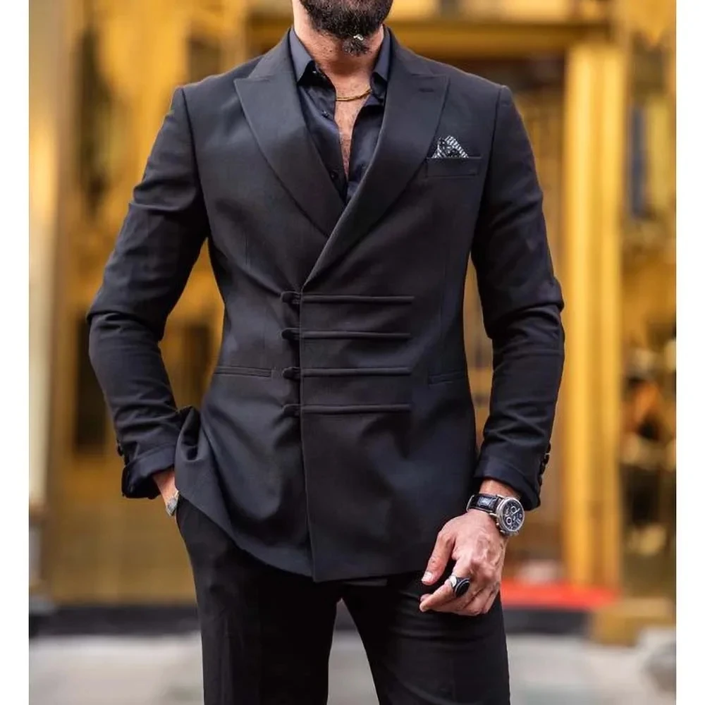 

Latest Design Black Solid Men Suits Fashion Peak Lapel Business Casual Outfits Wedding Groom Tuxedo 2 Piece Blazer with Pants