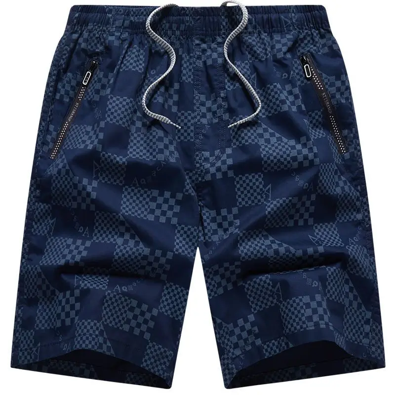 Men's Checkered Print Casual Shorts Elastic Waist Cotton Knee Length Beach Shorts Loose Fit Plus Size Summer