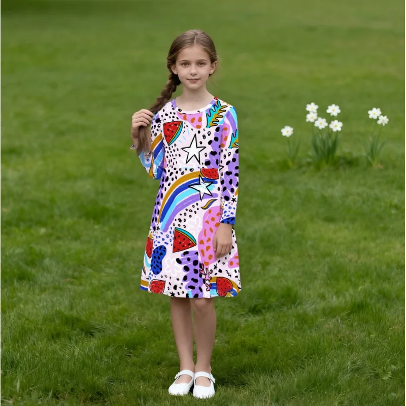Girls Long Sleeve Dress Rainbow Watermelon Pattern Childlike Fun Full Print Casual Fashion Eye-Catching Kids' Clothing