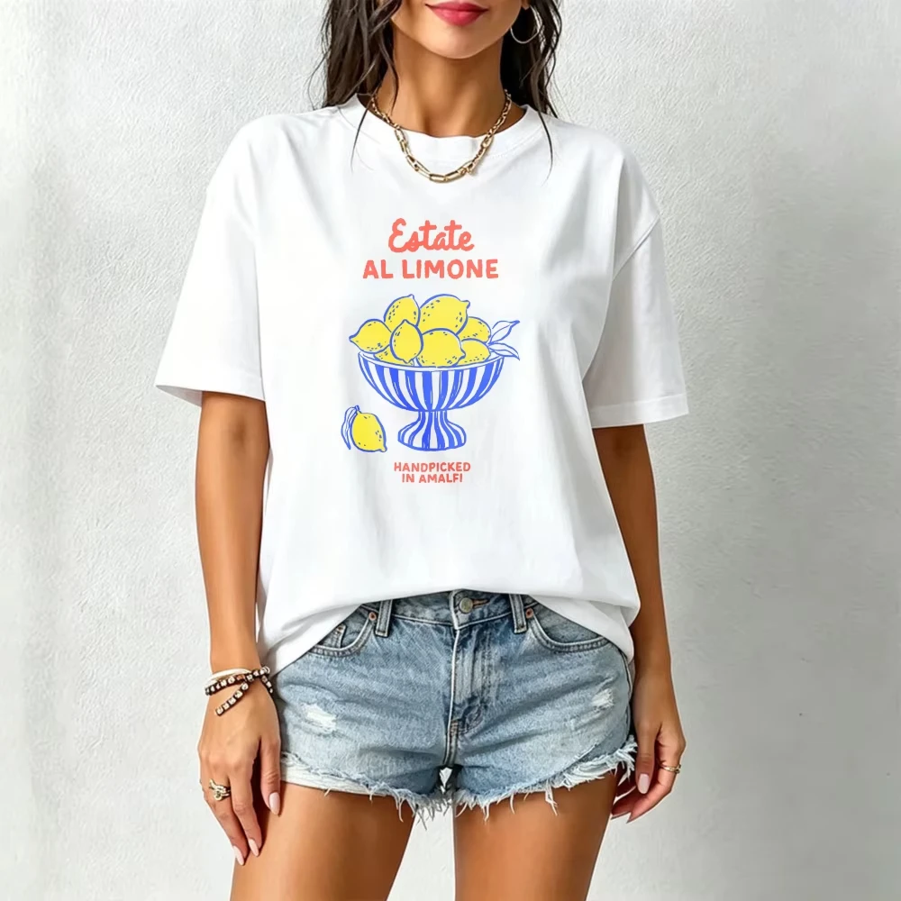 Amalfi Lemon Women Tshirt Estate Al Limone Striped Fruit Bowl Citrus Summer Italian Graphic Cotton Tee Picnic Casual Cotton Tops