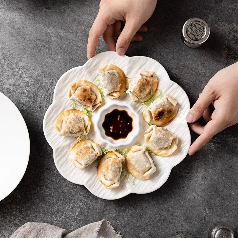 White ceramic dumpling plate with vinegar  special grid plate for household dumpling  shrimp plate, breakfast dish  French fry