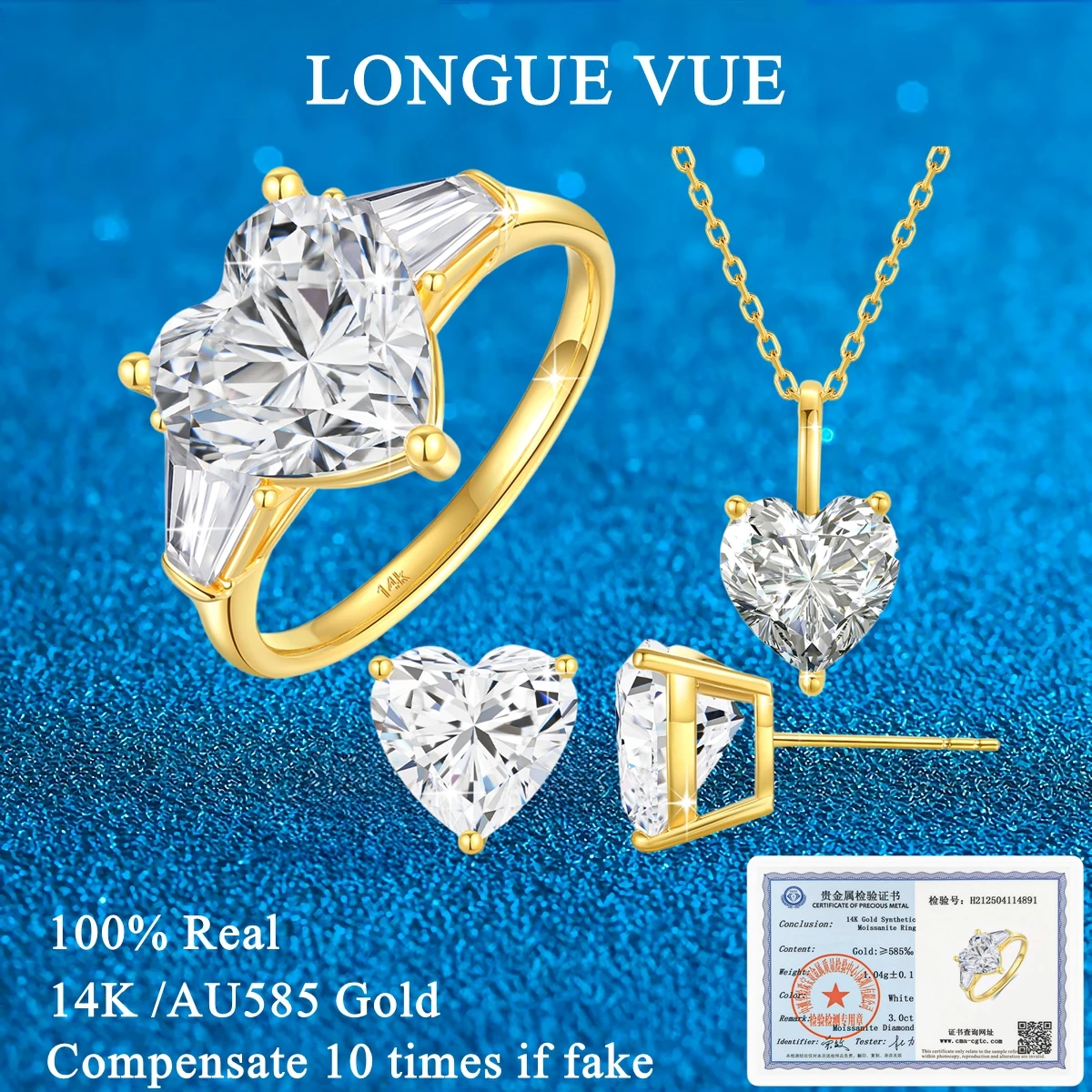 

AU585 14K Gold 3CT Love Heart Moissanite Rings for Women Bride Jewelry Set Lab Diamond Wedding Band Engagement Gift