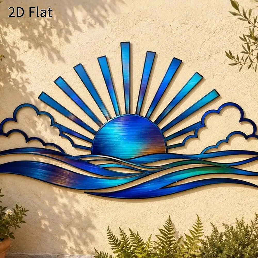 CIFBUY Aluminum Metal Wall Art, 2D Flat Cutout Sunrise Ocean Wave Wall Decor, Sun Cloud Sea Metal Wall Hanging
