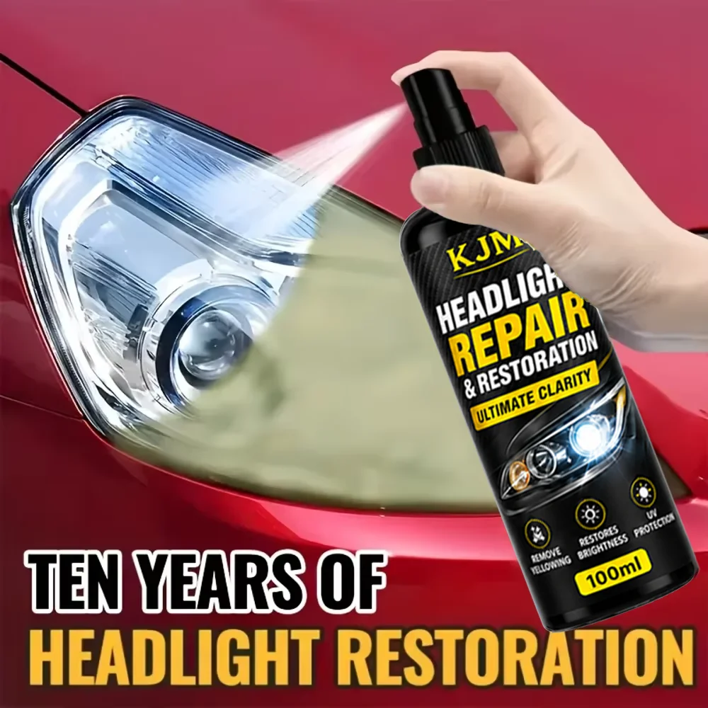 KJM 100ML Car Headlight Renewal Spray No Sanding Quick Fix Yellow Foggy Oxidized Lenses Scratch Repair Bright Protective Coating