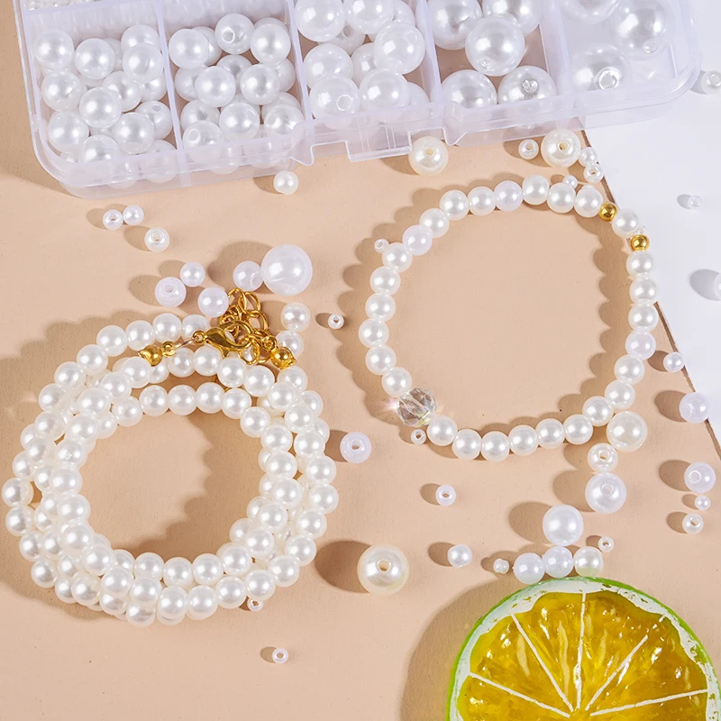 800 Stück, gemischte Größen, ABS-Perlen-Set mit Loch, Kunstperlen, runde, lose Perlen zum Basteln, für die Herstellung von Schmuck, Armbändern und Halsketten, zum Selbermachen. – Detail 7