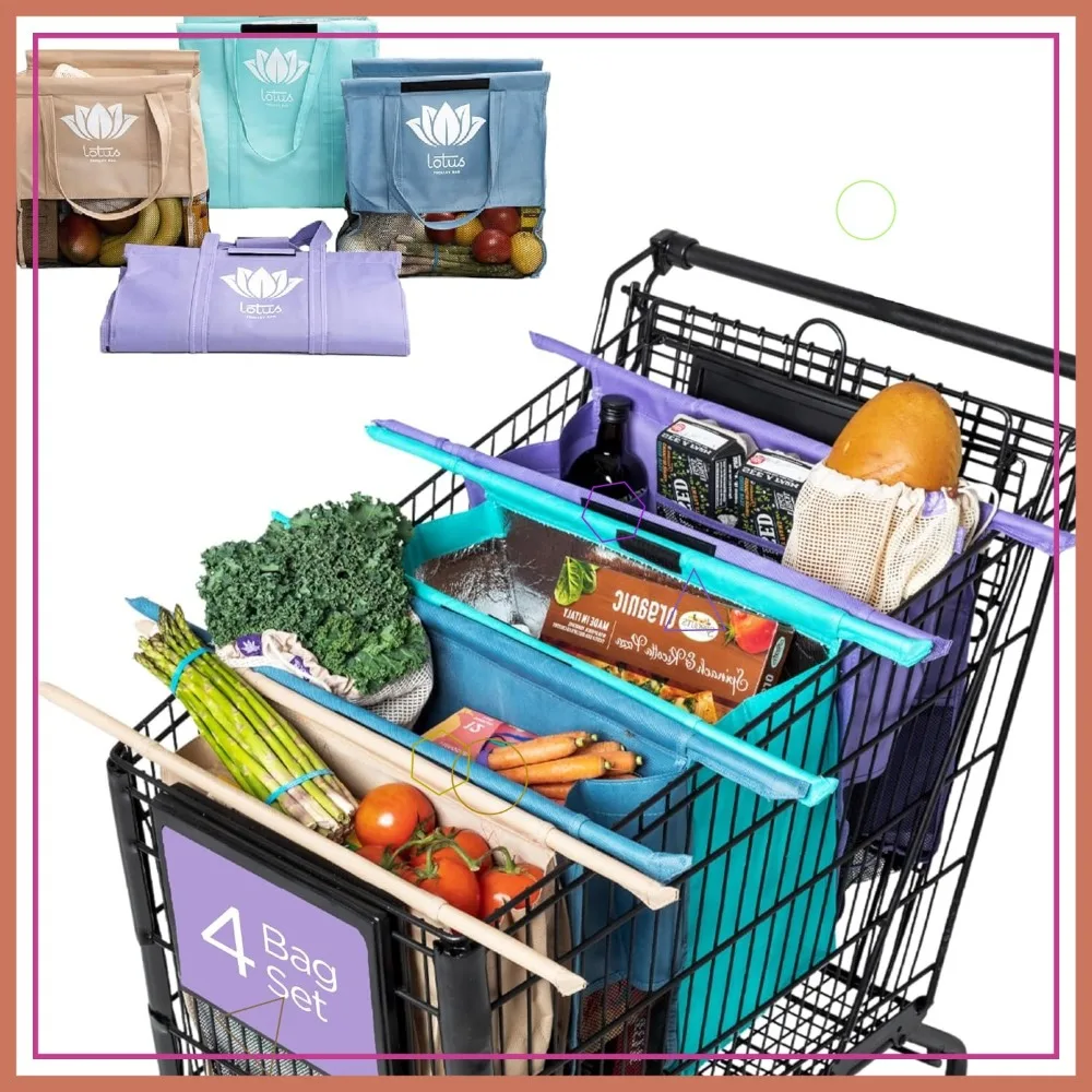 

Набор из 4 многоразовых сумок для покупок с изолированным отделением и держателями для яиц/вину — складные, моющиеся для удобного хранения