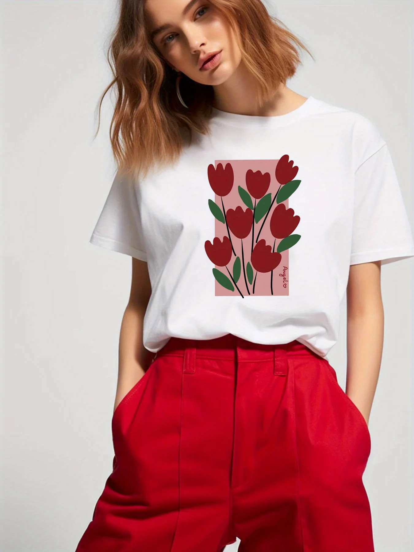 Women'S Casual Red Tulip Print T-Shirt - Short Sleeve, Round Neck, Lightweight Polyester, Spring/Summer Collection