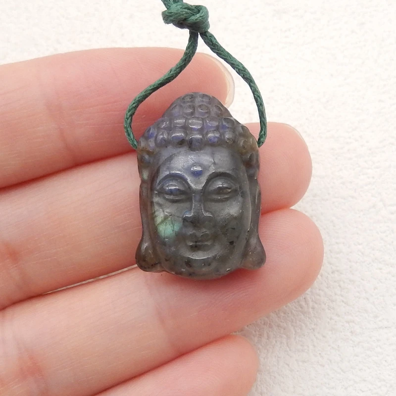 Natural Stone Labradorite Carved Tathagata Buddha Head Lucky Amulet Pendant Necklace Jewelry For Women Men Bead Pendant