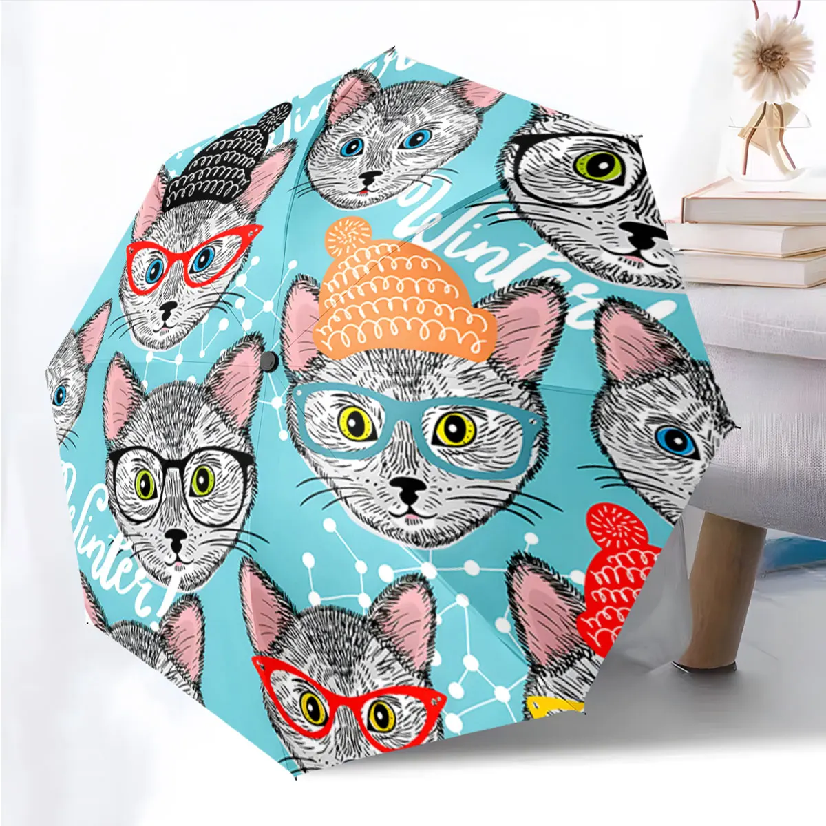 1PC Cats in Glasses Umbrella Design Print 8 Iron Ribs Folding Umbrella Auto-Open Fashion Sunshade