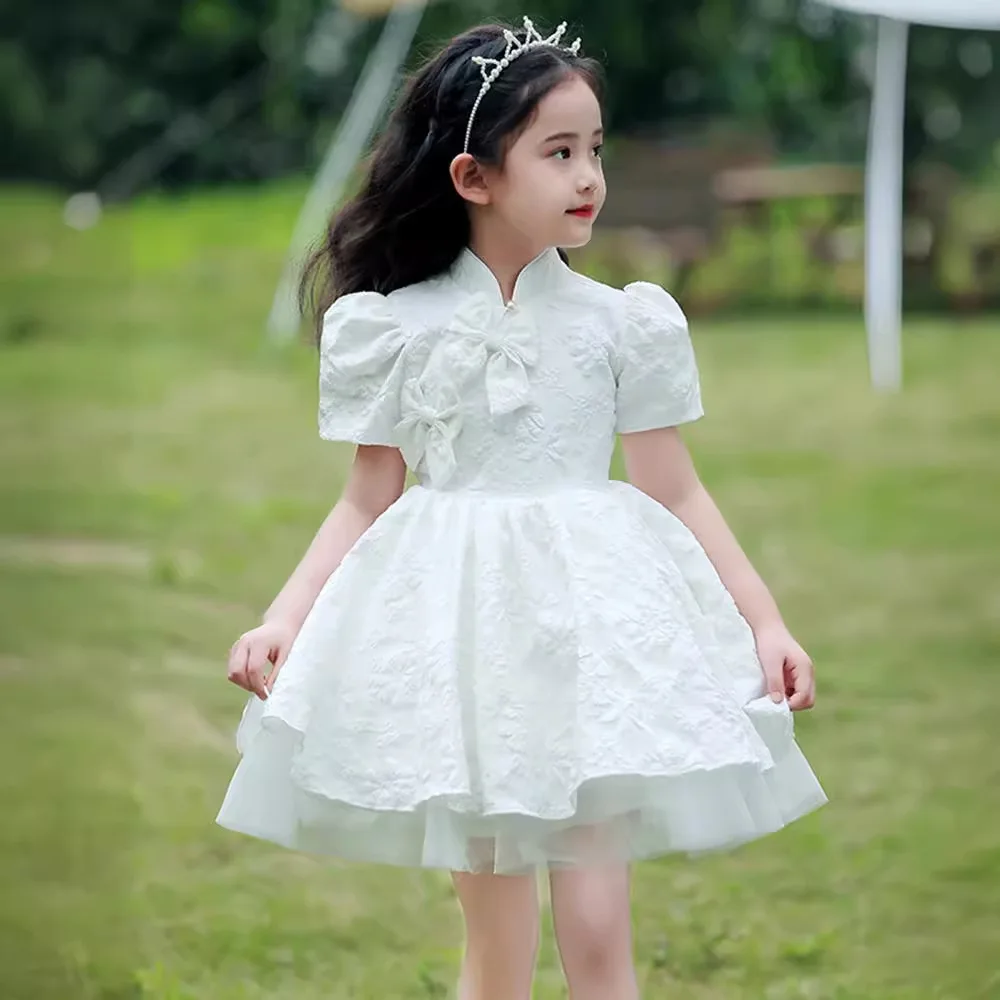 

White high-end children's dress fluffy princess dress birthday flower girl little host piano performance costume spring