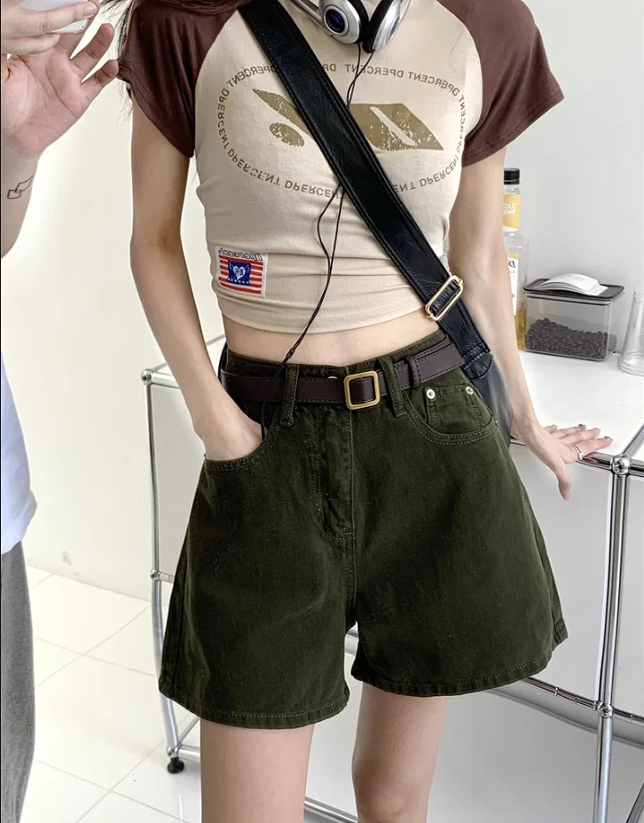 Retro Green Denim Shorts Women's Summer Thin Design Loose Wide Leg High Waist A-Line Cuffed Hot Pants High Waist Wide Leg Jeans