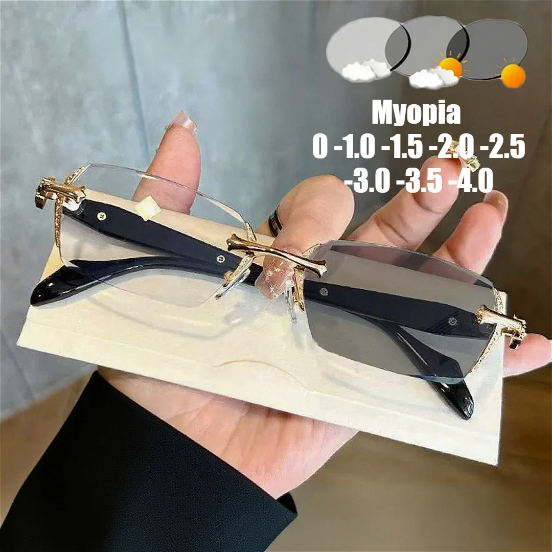 

Rimless Photochromic Myopia Glasses Cut Edge High-end Metal Frame Blue Light Blocking Eyewear Anti-UV Sunglasses Diopters -4.0