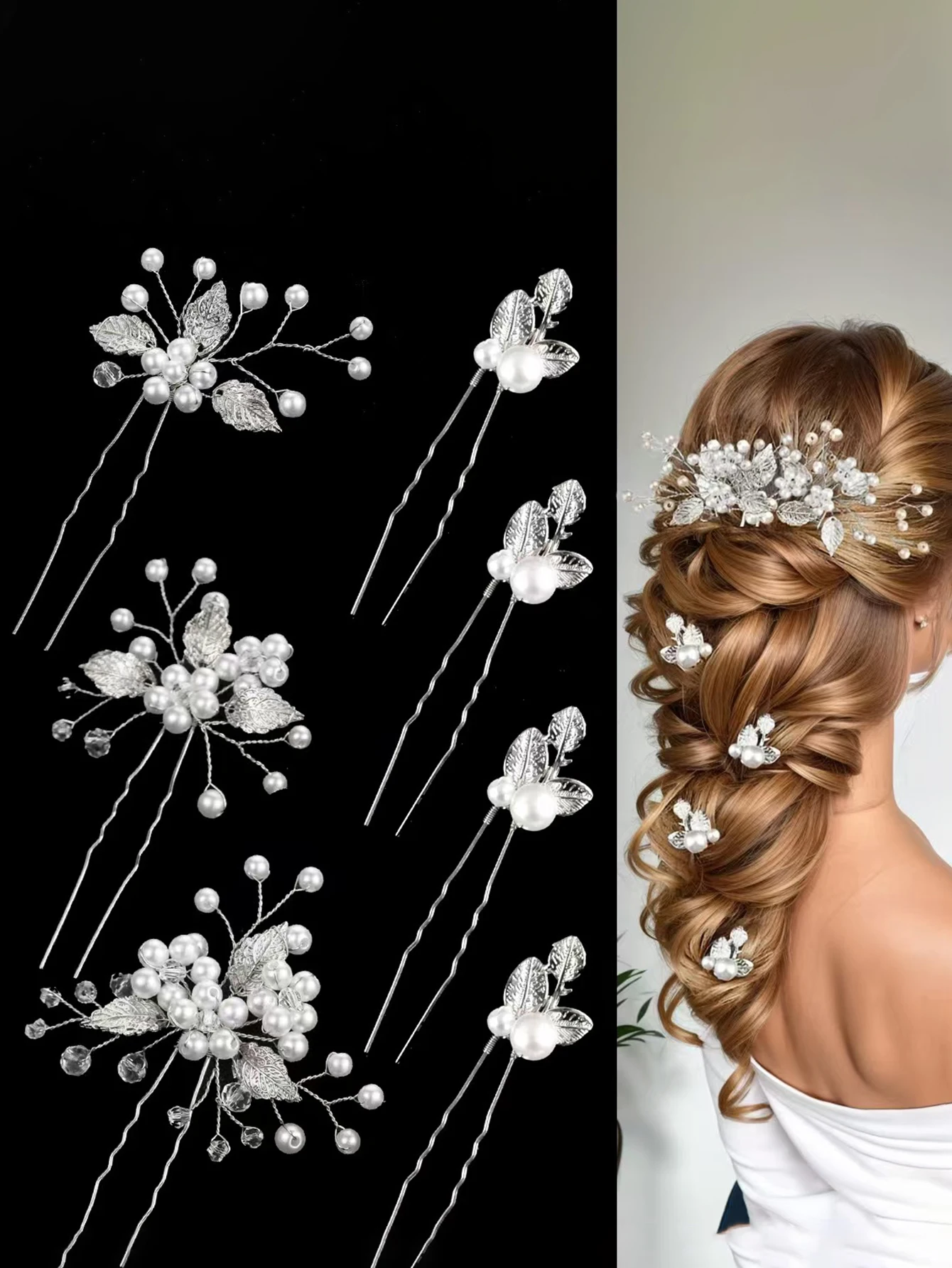 European and American Style Pearl Gold Leaf Hairpin, Elegant Forest-Style Daily Hairpin, Simple Wedding Hairpin Set image 4