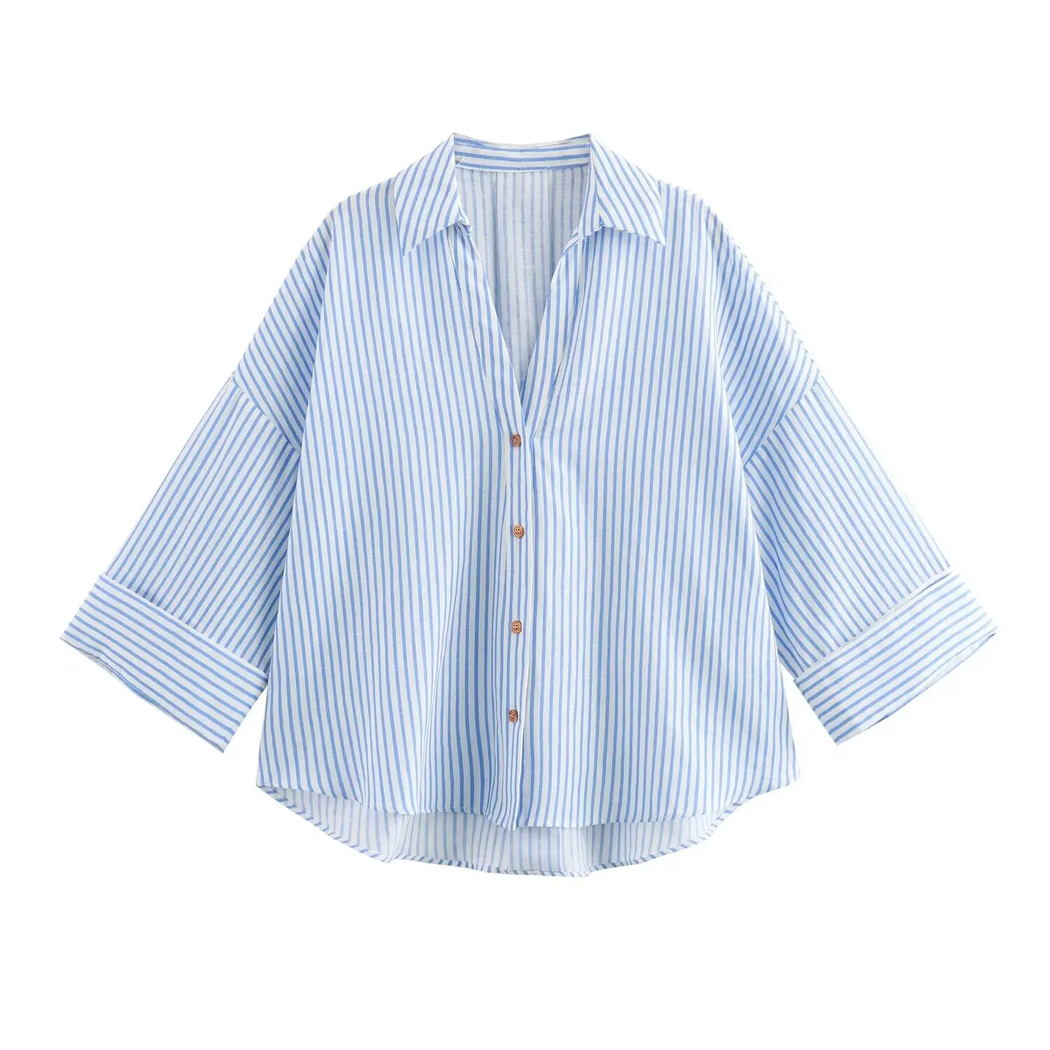 

HH TRAF Summer For Women Fashion Lapel Shirt Top Female Blue Stripe Single-breasted Long Sleeves Decorate Vintage Blouse Mujer