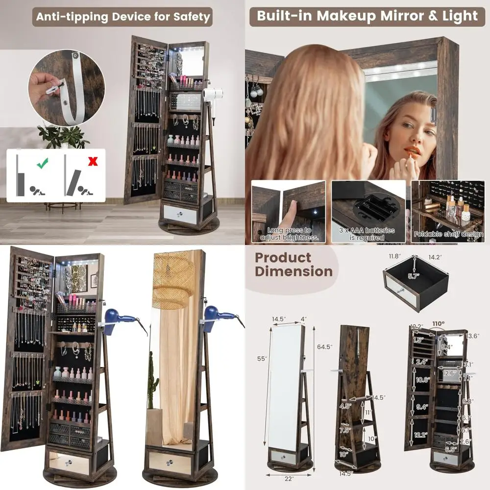 

Rotating Full-Length Mirror Jewelry Cabinet, Lockable Organizer with LED Light, Hair Dryer Holder, Storage Shelves, Makeup Mirro