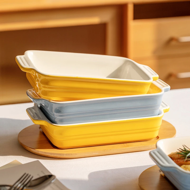 Ceramic Dinner Plates Cool Color Double Ear Baking Tray Rectangular Multifunctional Dish Plate Dinnerware Utensils for Kitchen