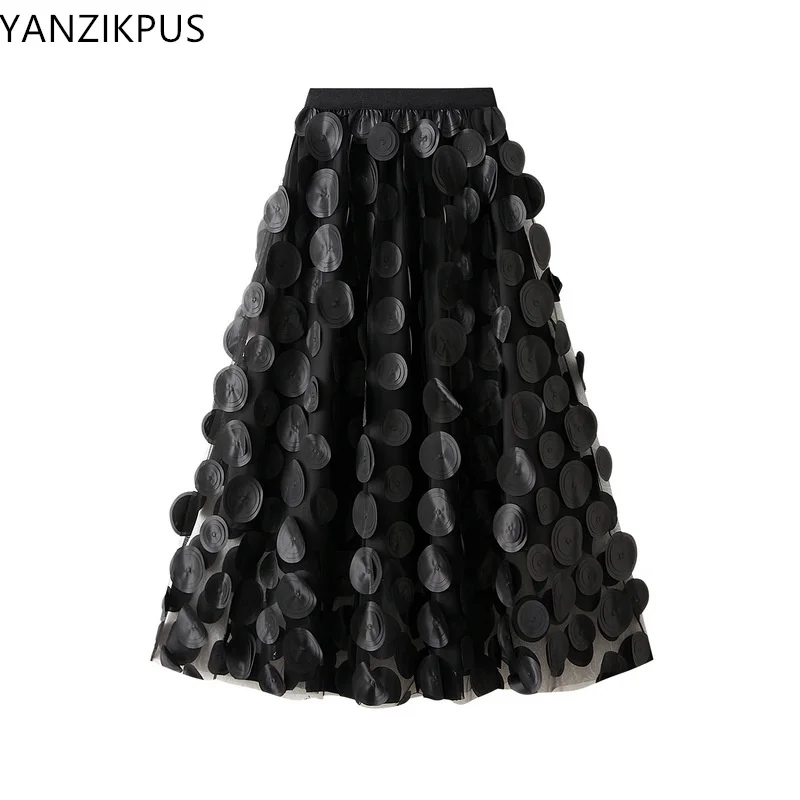 3d Polka Dot Black Mesh Half Skirt 2024 Fashion Women\'s Dress Mid Length Umbrella Dress Korean A-line Dress Party Dress