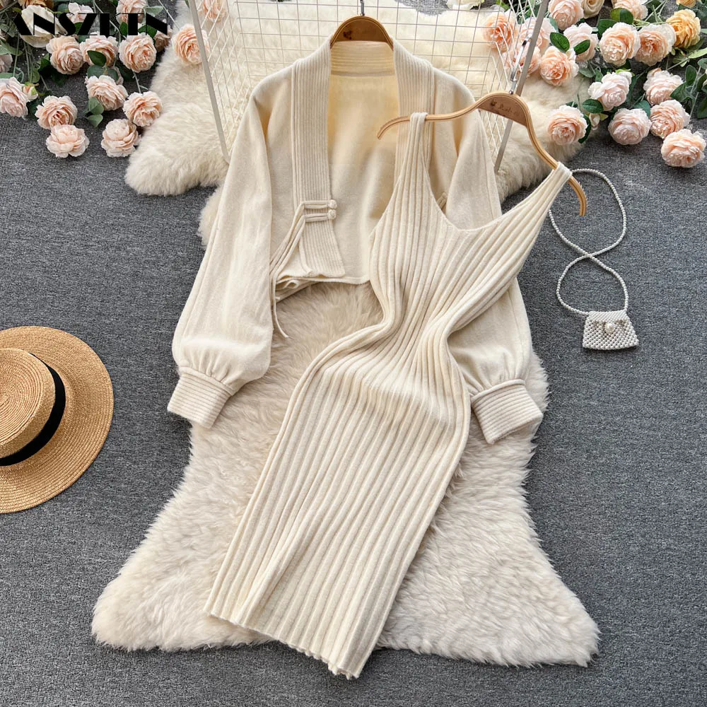 ANSZKTN Autumn and winter knitting suit women\'s short sweater shawl coat+suspender dress two-piece set