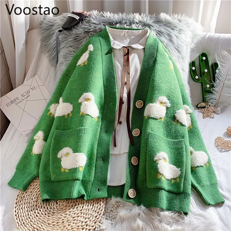 Spring Autumn Women V-Neck Kawaii Sheep Sweater Coat Korean Knitted Cardigan Female Casual Long Sleeve Loose Sueter Mujer Jacket