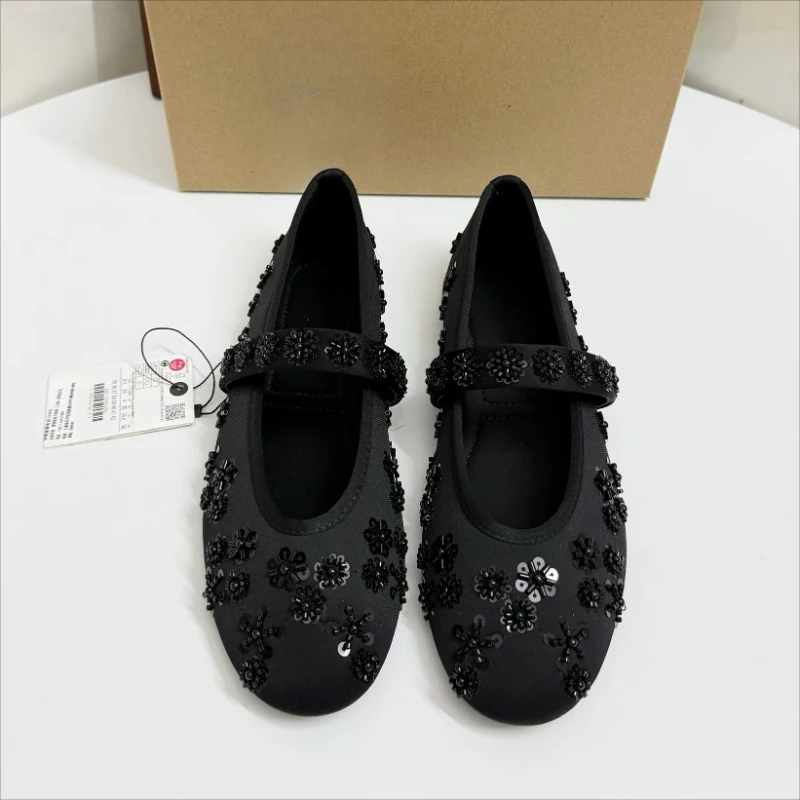 Women Black Floral Beaded Luxury Ballet Flats 2026 Summer Round Toe Mesh Slip-On Mary Jane Shoes Elegant Casual Dress Footwear