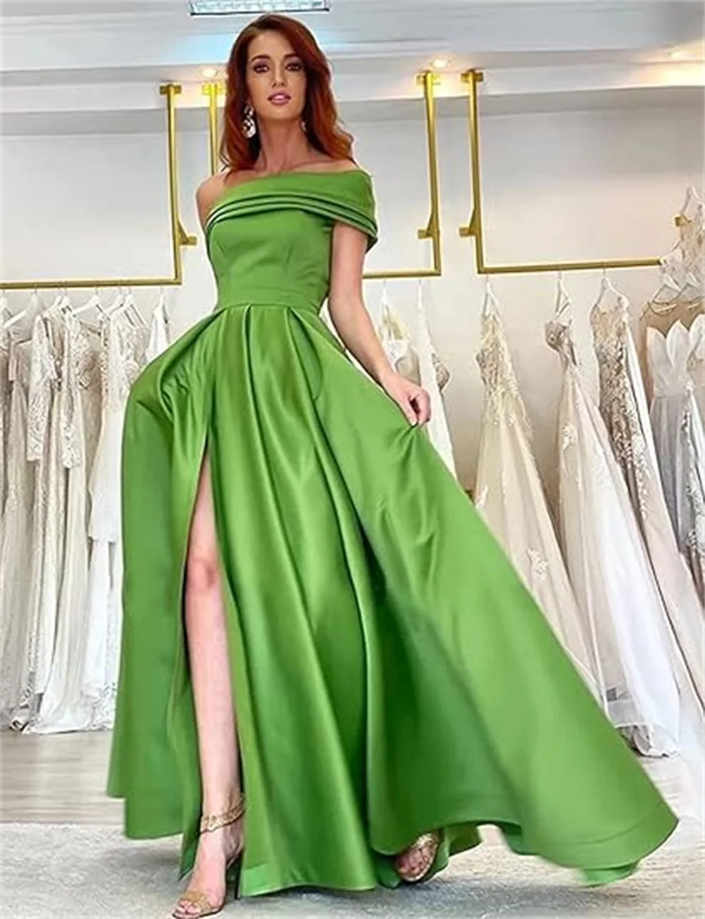 

Customized Women's One Shoulder Long Prom Dress Pleated Side Slit A Line Bridesmaid Dress Satin Formal Evening Gown With Pockets