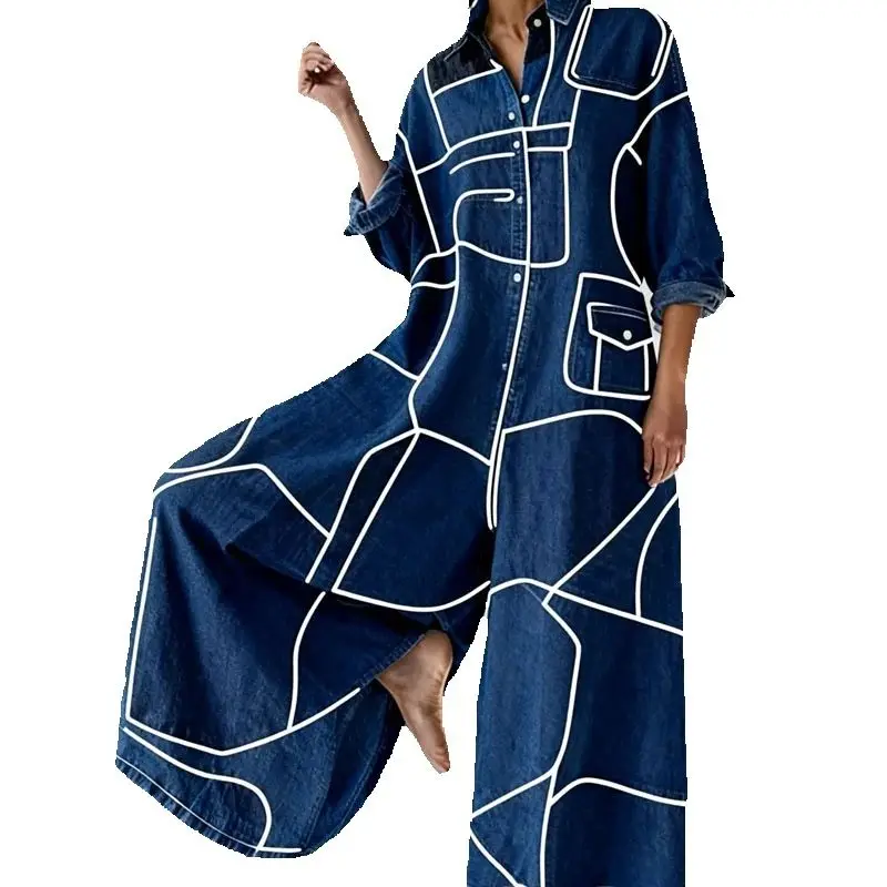 Combinaison femme à imprimé imitation denim, col chemise, manches longues, ample, jambes larges, playsuit décontracté, streetwear, salopette, combinaison