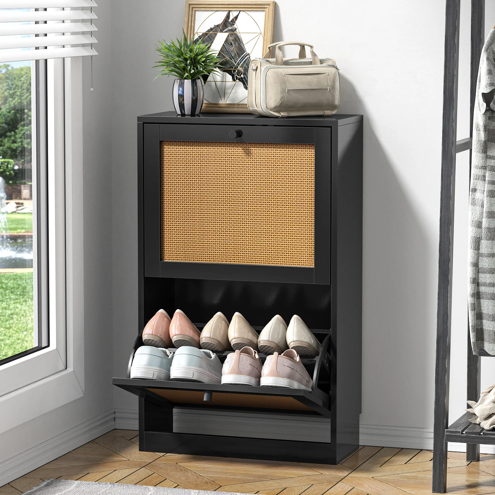 Aupodin S0010 Rattan Black Shoe Cabinet with 2 Flip Drawers, Narrow Shoe Storage Cabinet for Entryway Hallway, 2-Tier Shoe Organ