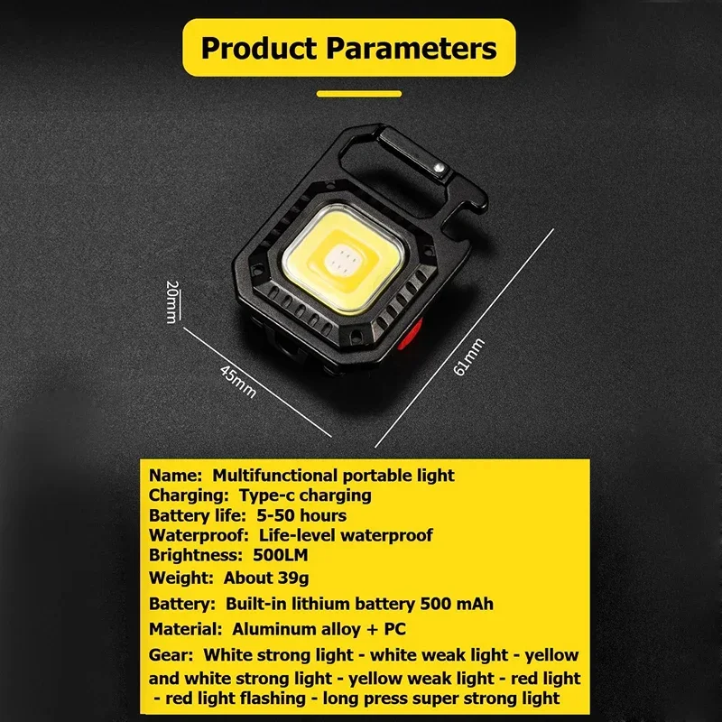 Mini COB Work Light Keychain Rechargeable 800 Lumens Seven Light Modes Super Bright Waterproof Led Flashlight with Bottle Opener