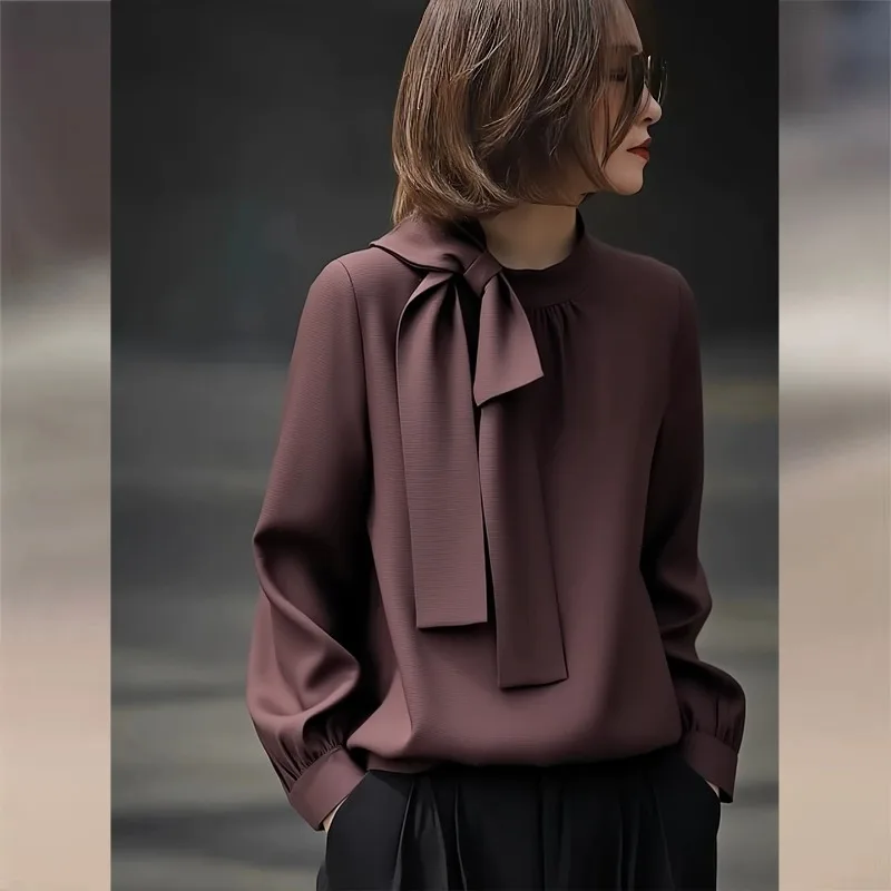 

Винтажные женские блузки, повседневные корейские топы, модная свободная летняя французская одежда, однотонные шифоновые женские рубашки с длинными рукавами и бантом
